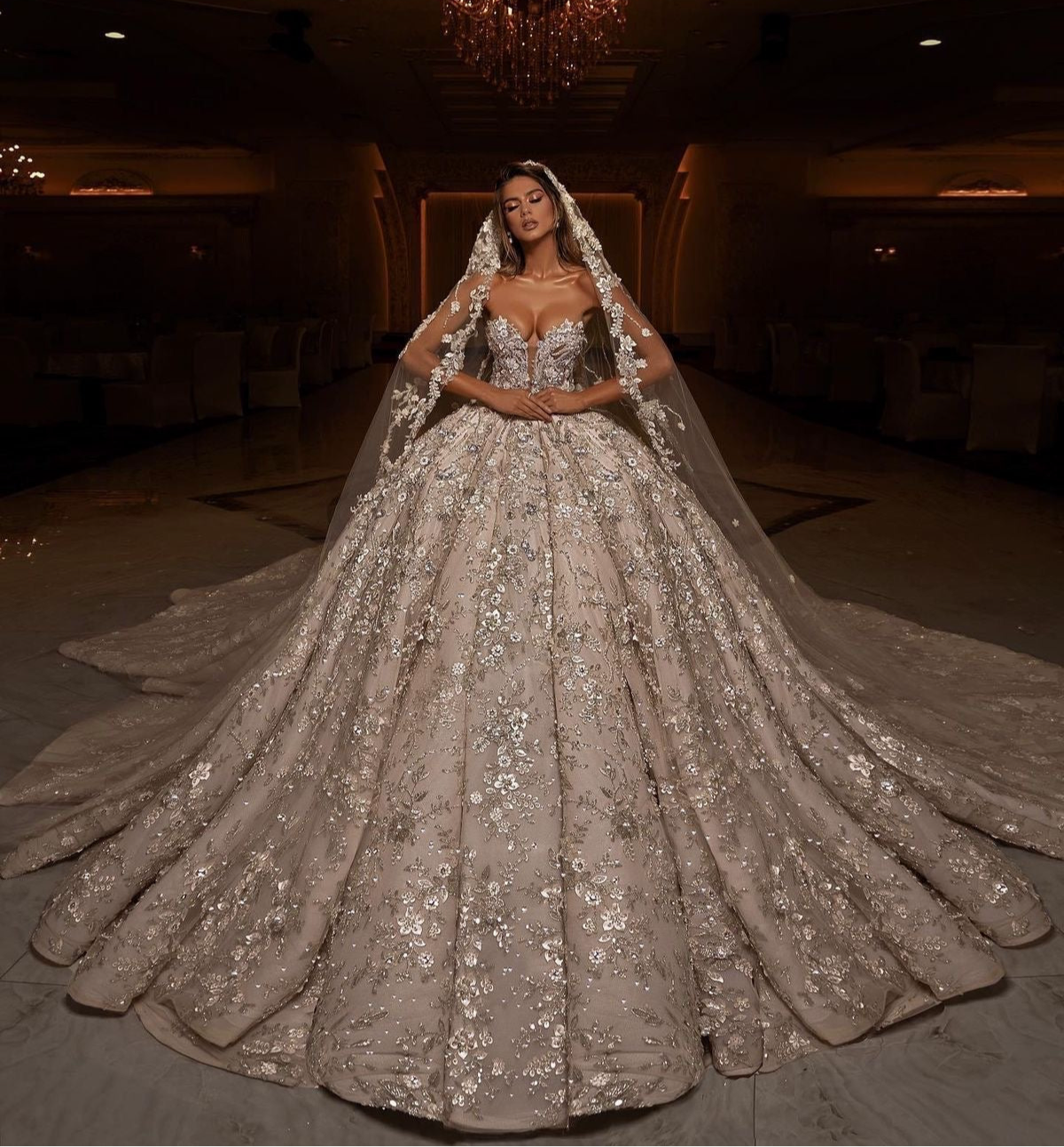 Sequin Lace Strapless Ball Gown Wedding