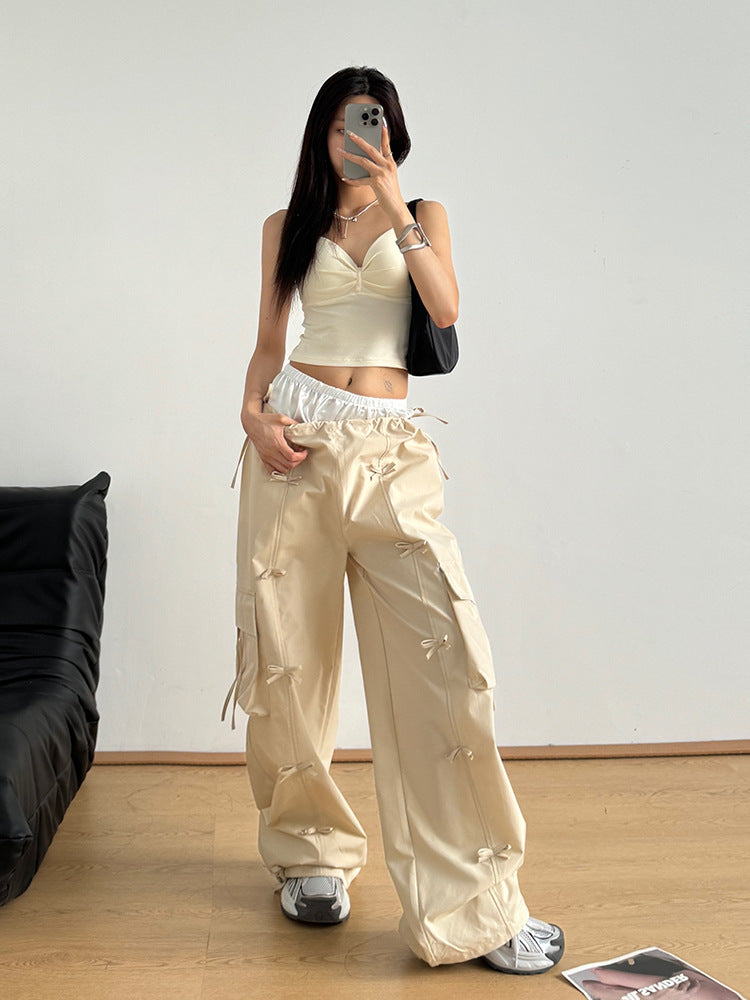 Bow Elastic Waist Cargo Pants - HOORR