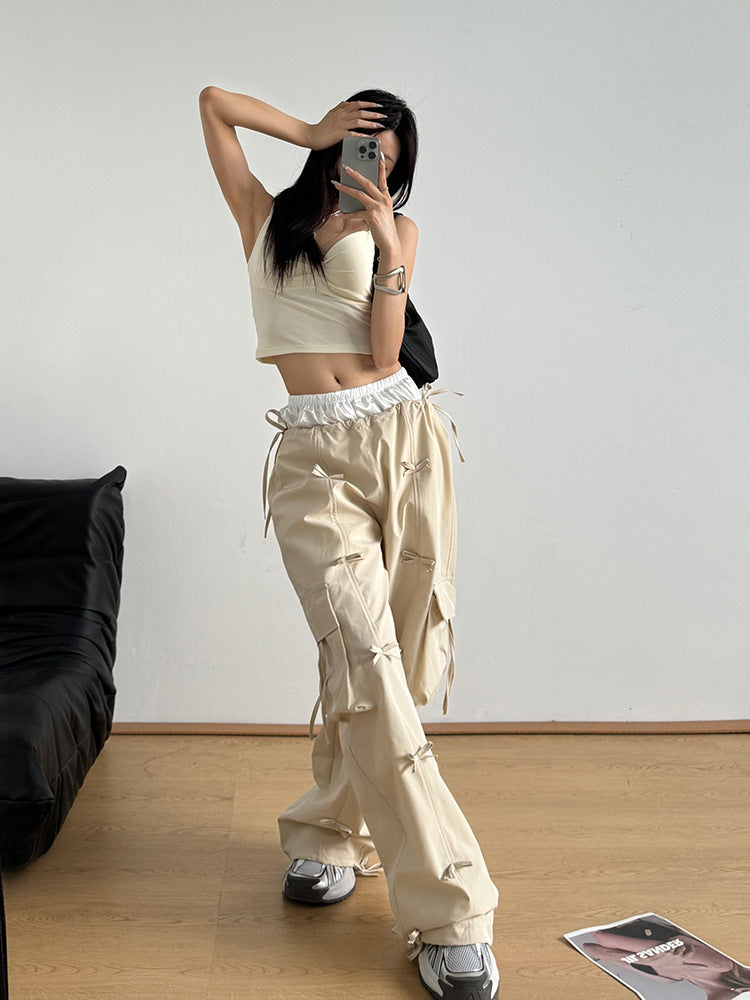 Bow Elastic Waist Cargo Pants - HOORR