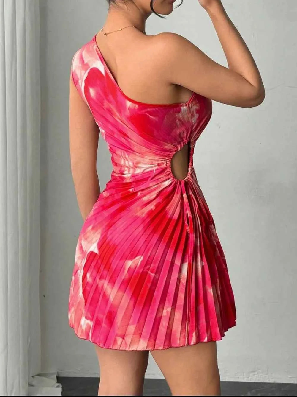 Cutout Drawstring Pleated Tie-Dye Sleeveless Mini Dress