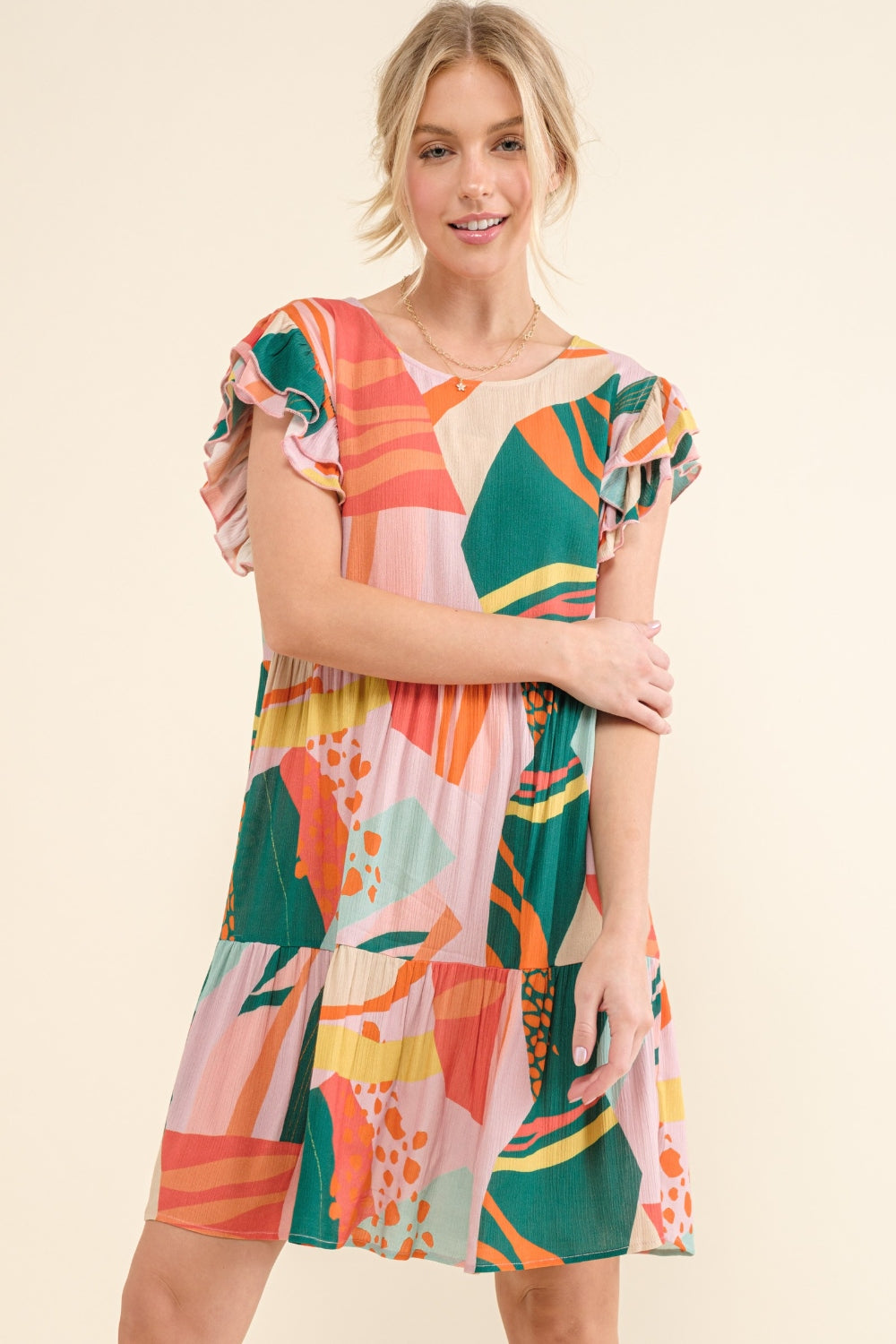 Printed Double Ruffle Sleeve Dress - HOORR