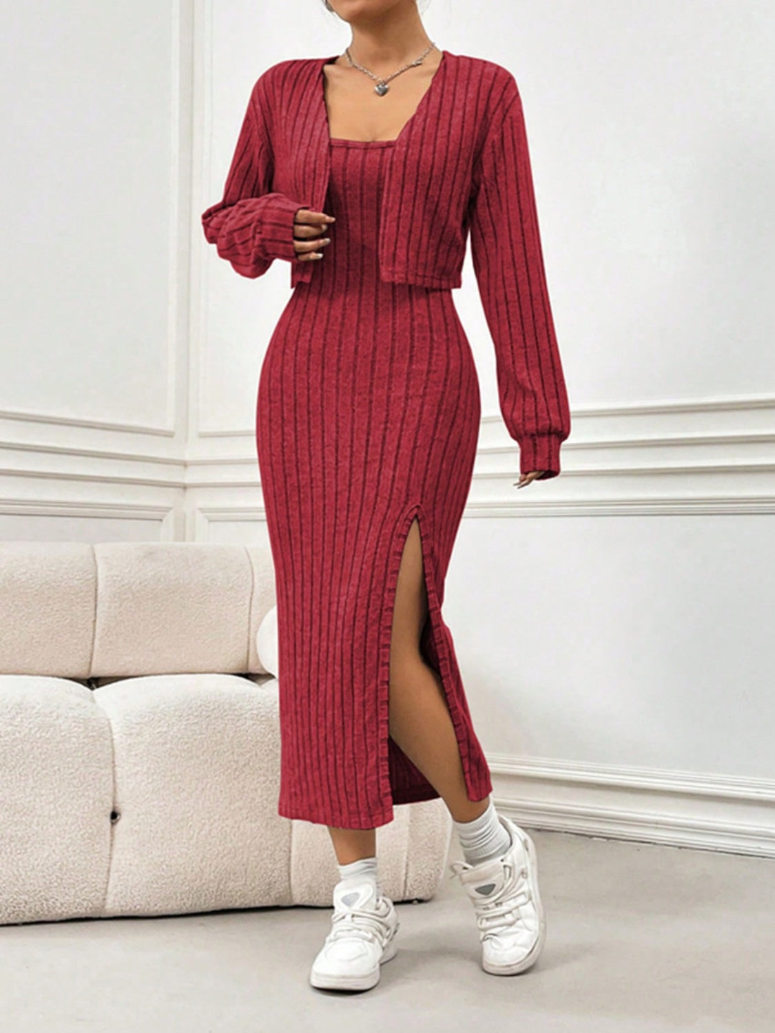 Ribbed Cardigan Cami Dress Set