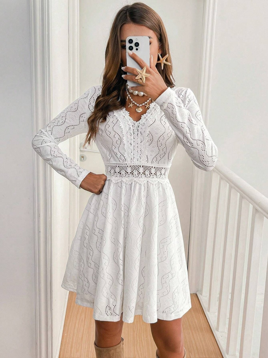 Lace Detail V Neck Long Sleeve Mini Dress - HOORR