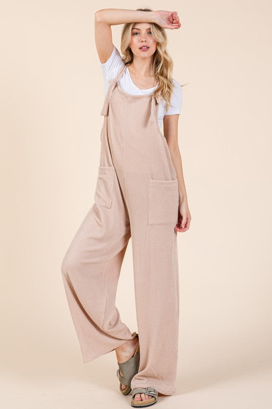 Knot Ribbed Overalls Pockets