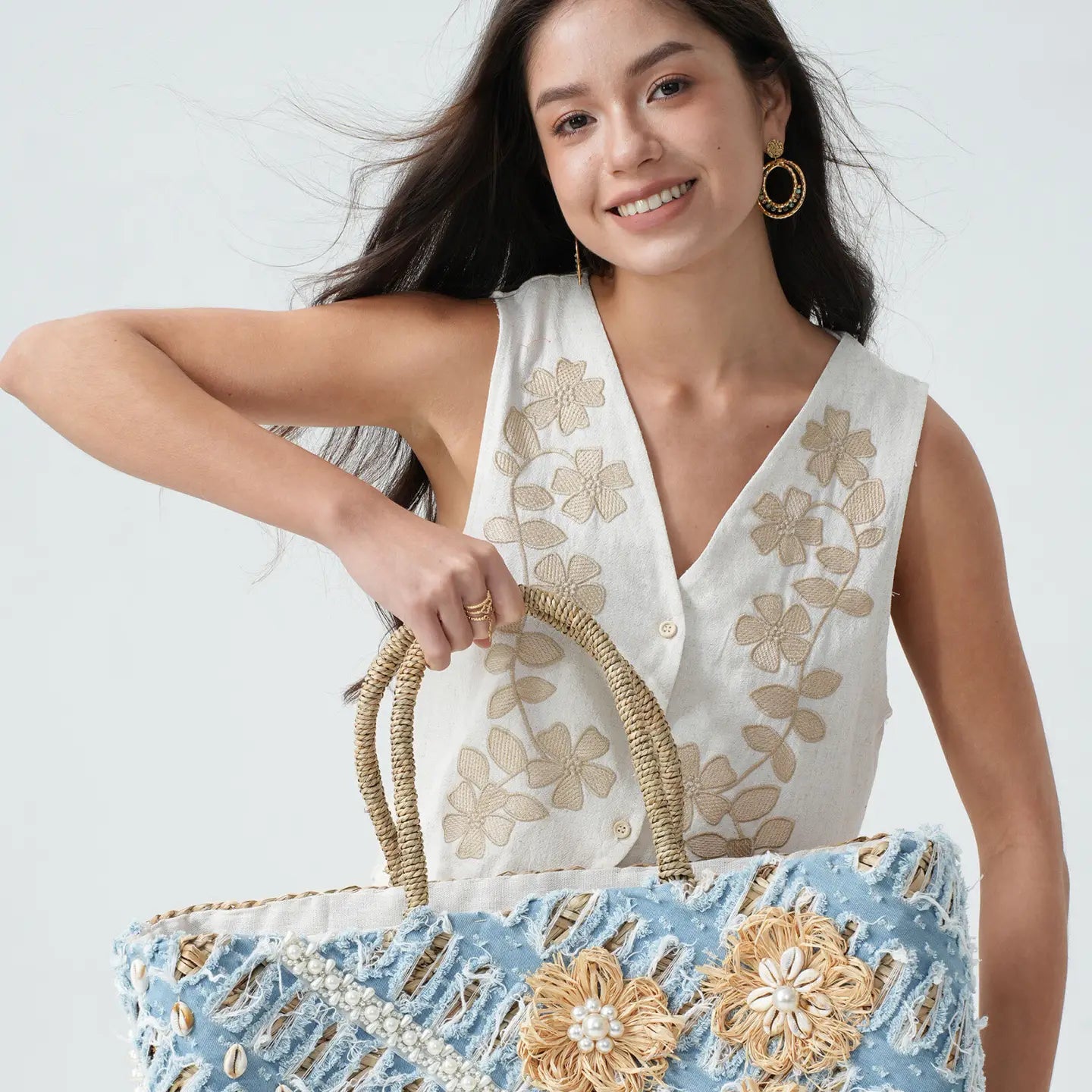 Fairy Denim Flowers Beads & Shells Straw Tote