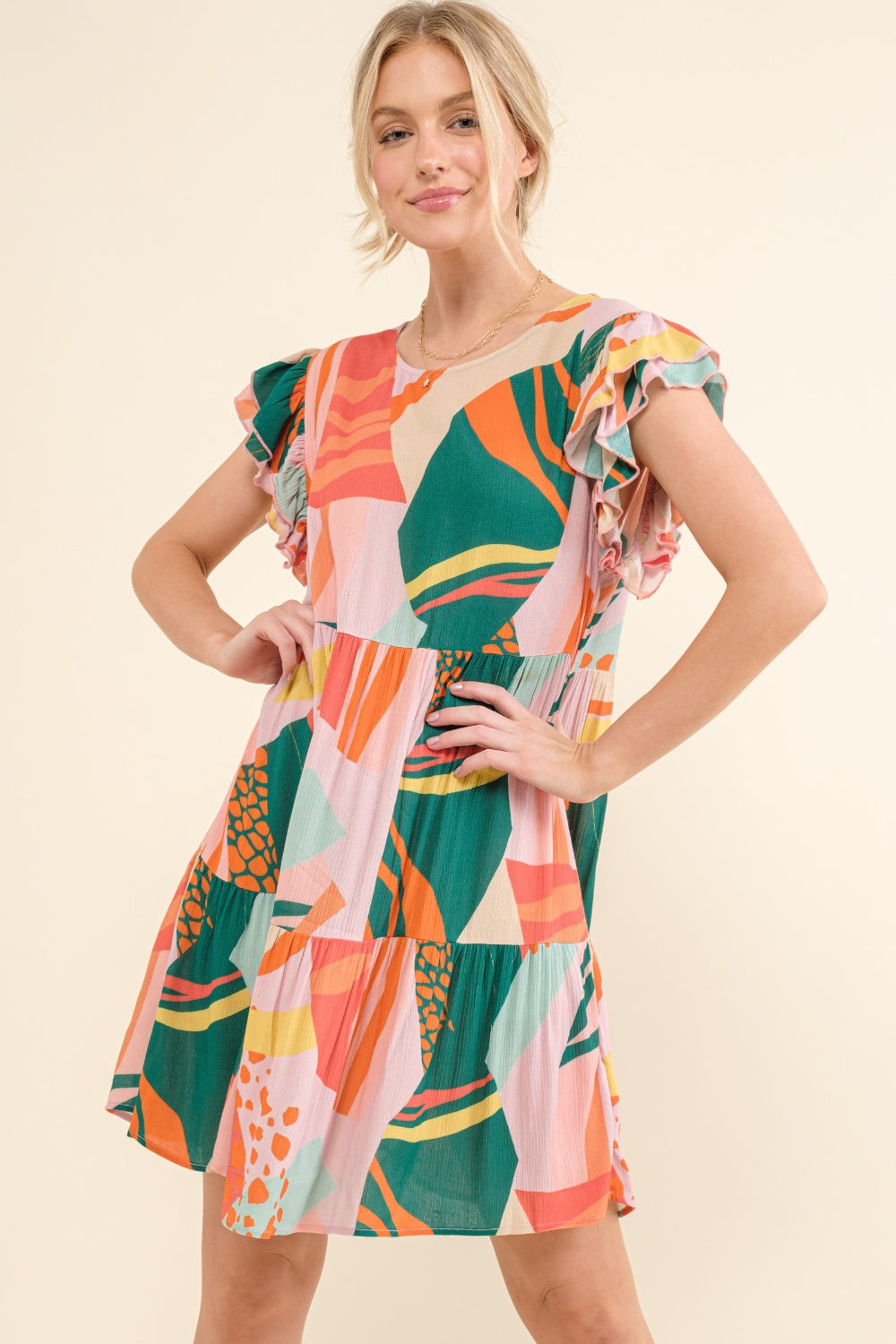 Printed Double Ruffle Sleeve Dress - HOORR