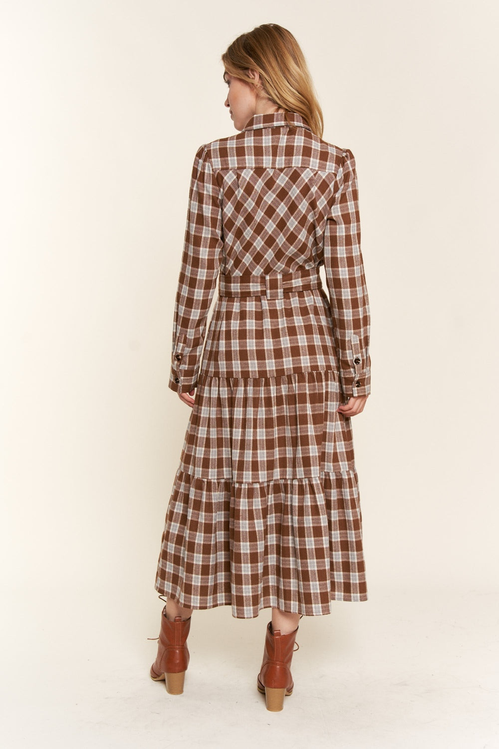 Plaid Tiered Midi Shirt Dress - HOORR