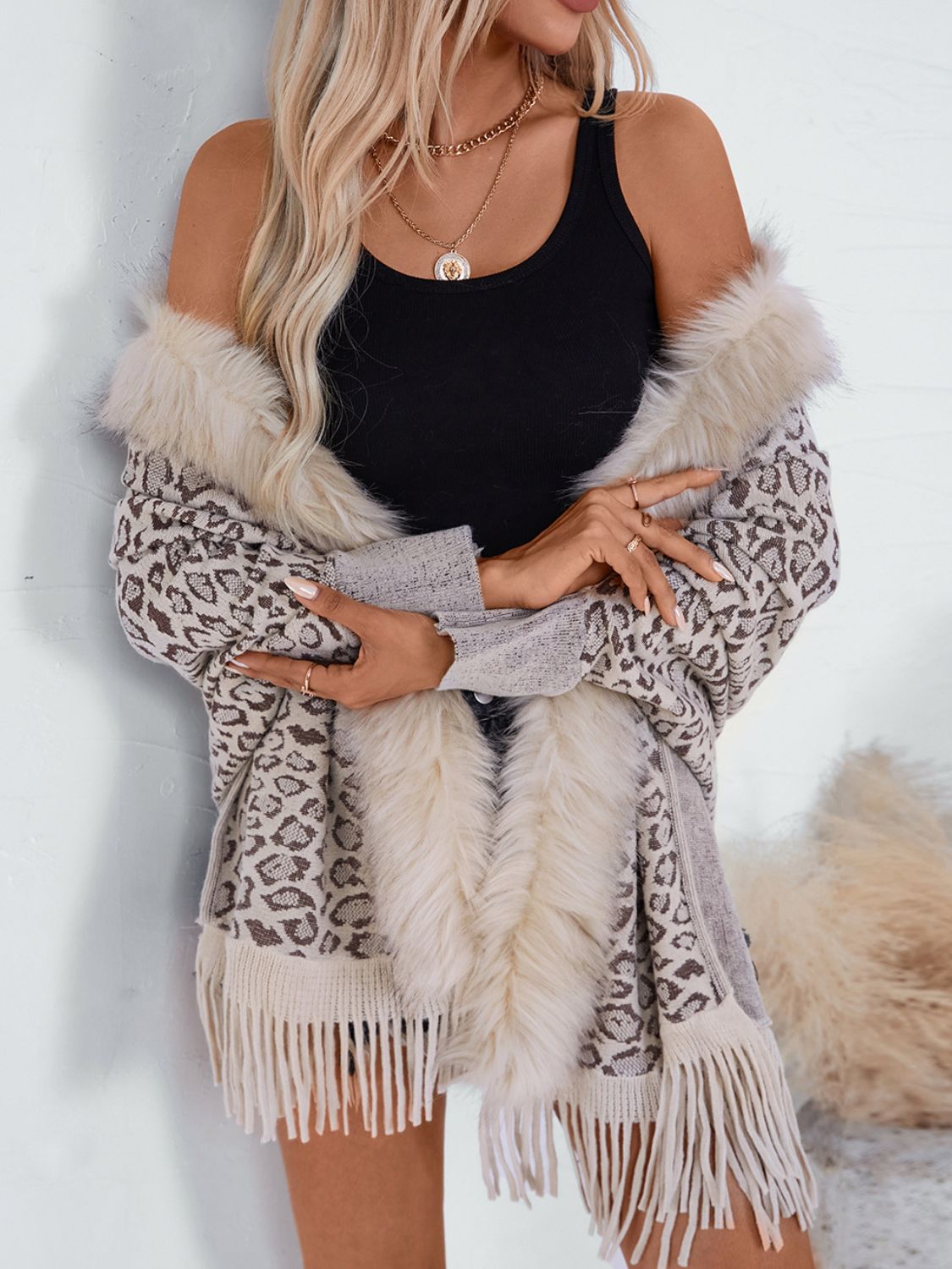 Fringe Leopard Sleeve Poncho - HOORR