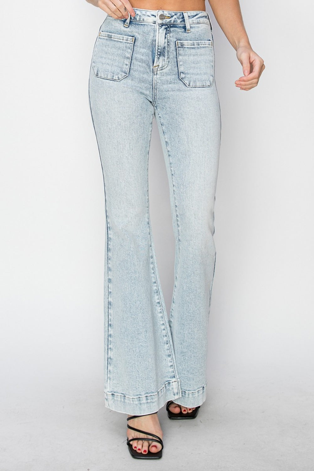 High Rise Front Patch Flare Jeans