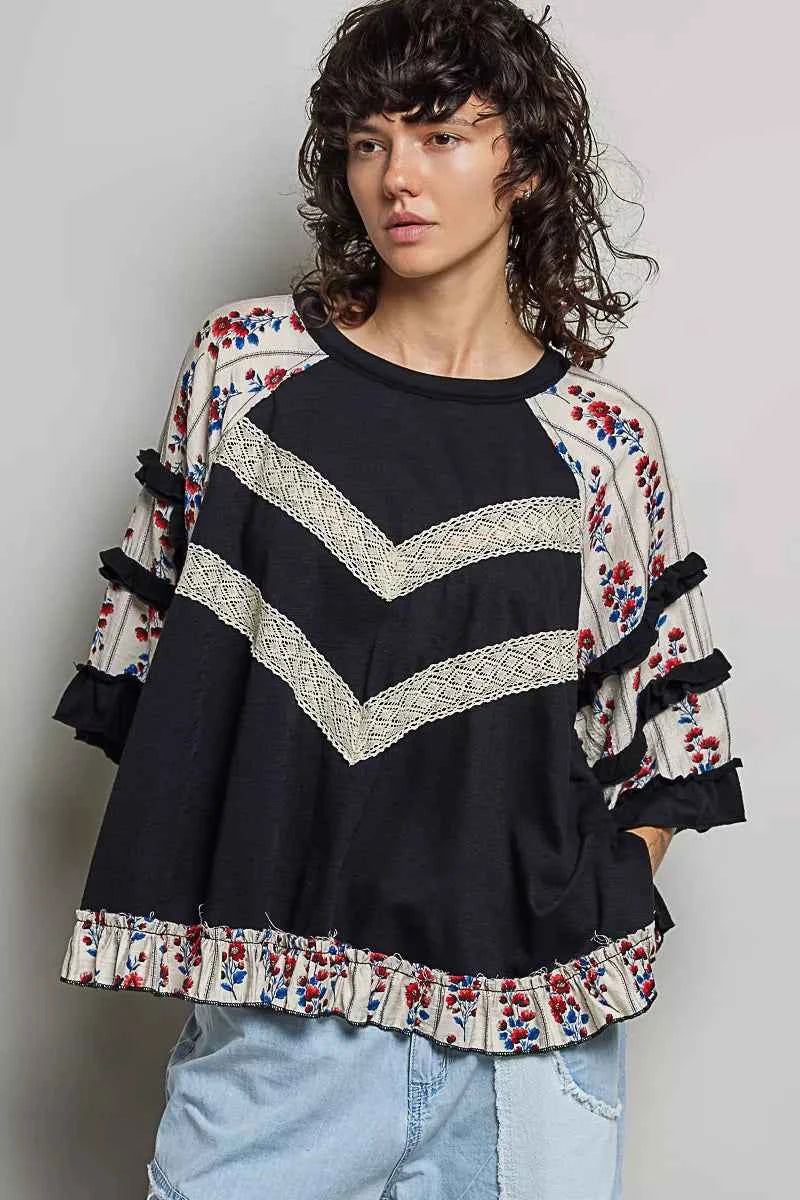 POL Round Neck Half Sleeve Contrast Floral Lace Oversized Knit Top