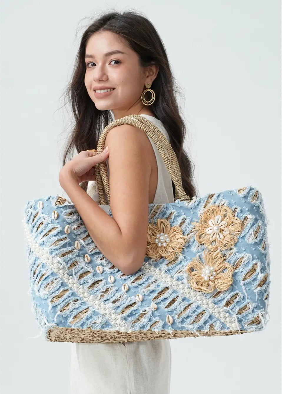 Fairy Denim Flowers Beads & Shells Straw Tote