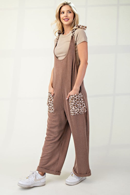 Ribbed Leopard Tied Overalls