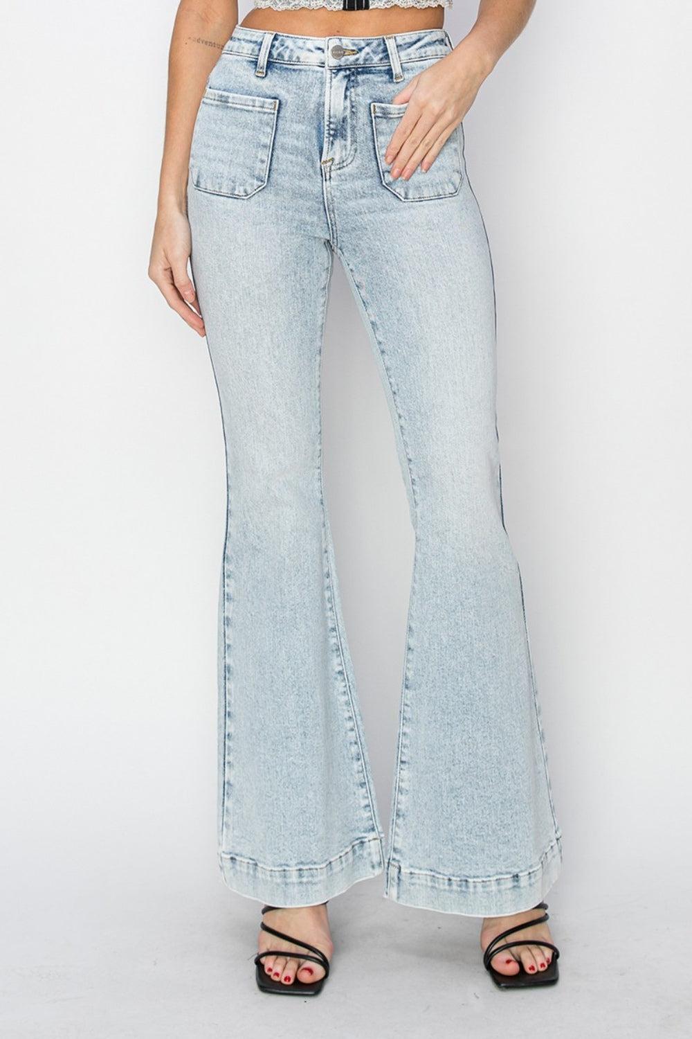 High Rise Front Patch Flare Jeans