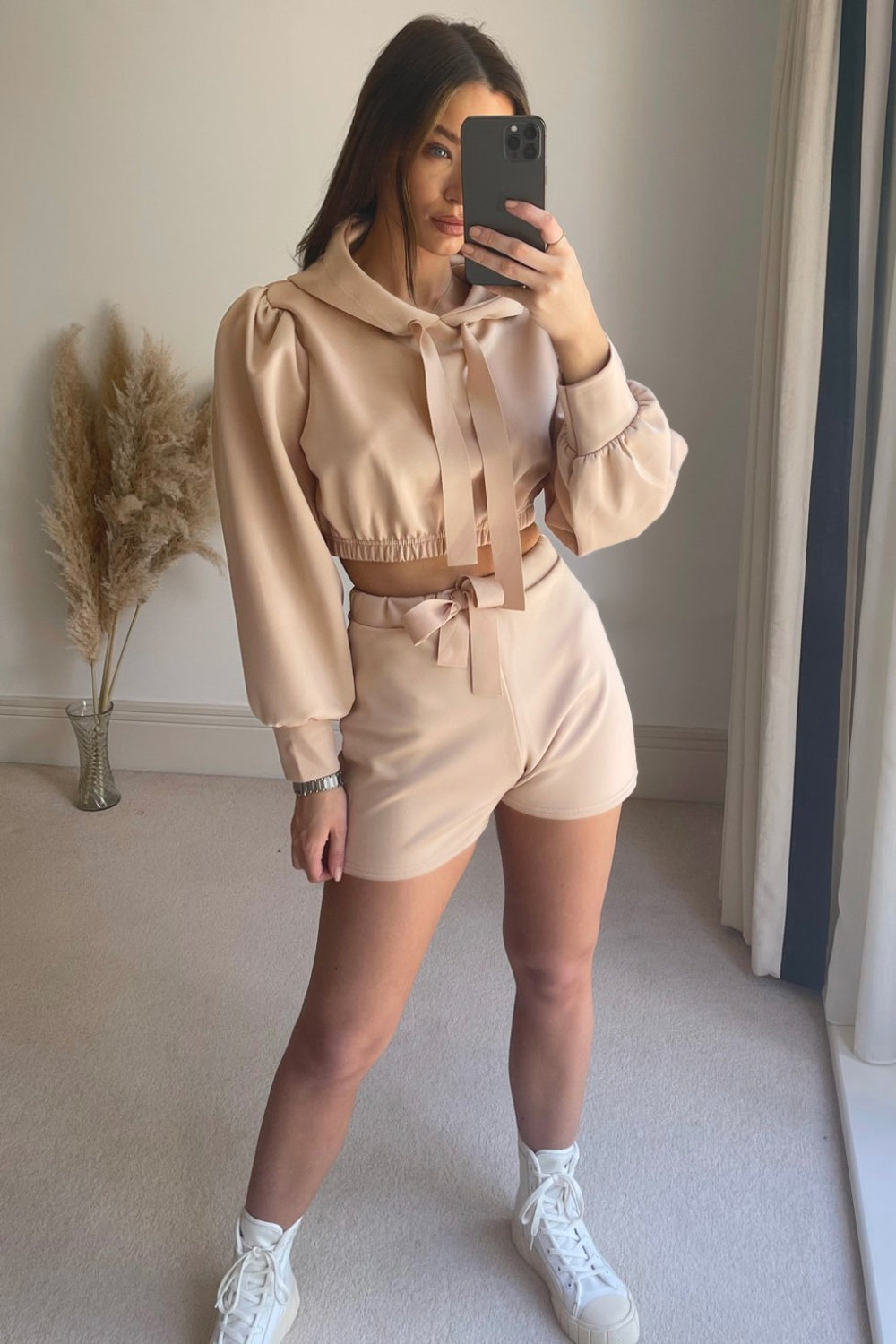 Drawstring Hooded Top Shorts Set