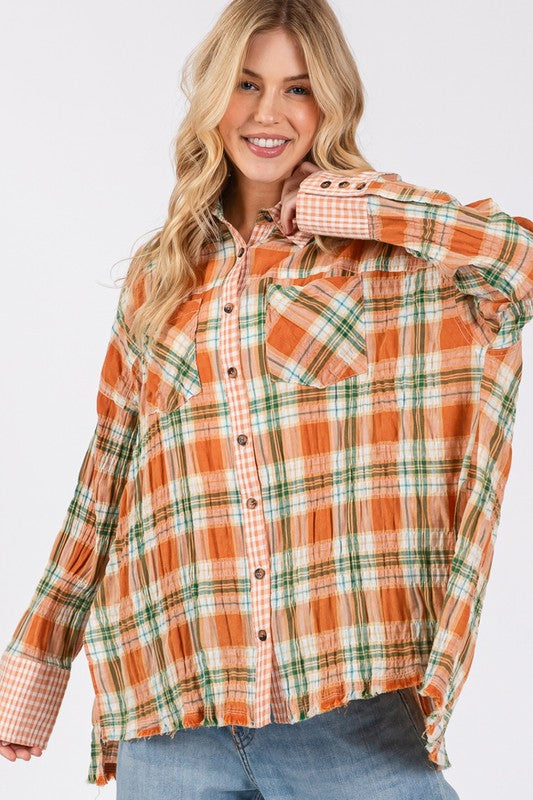 Side Slit Plaid Button Down Shirt