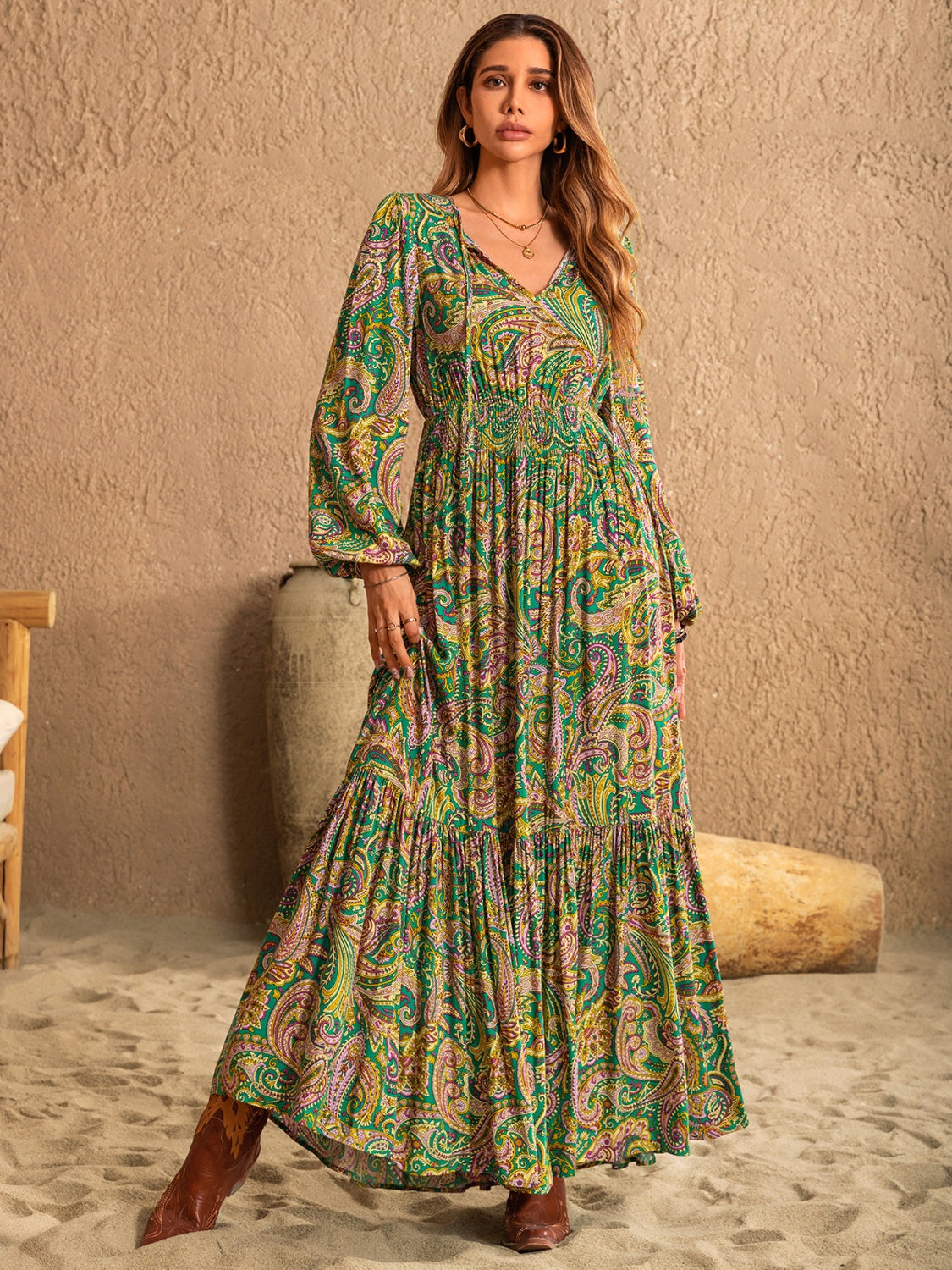 Printed Tie Neck Long Dress - HOORR