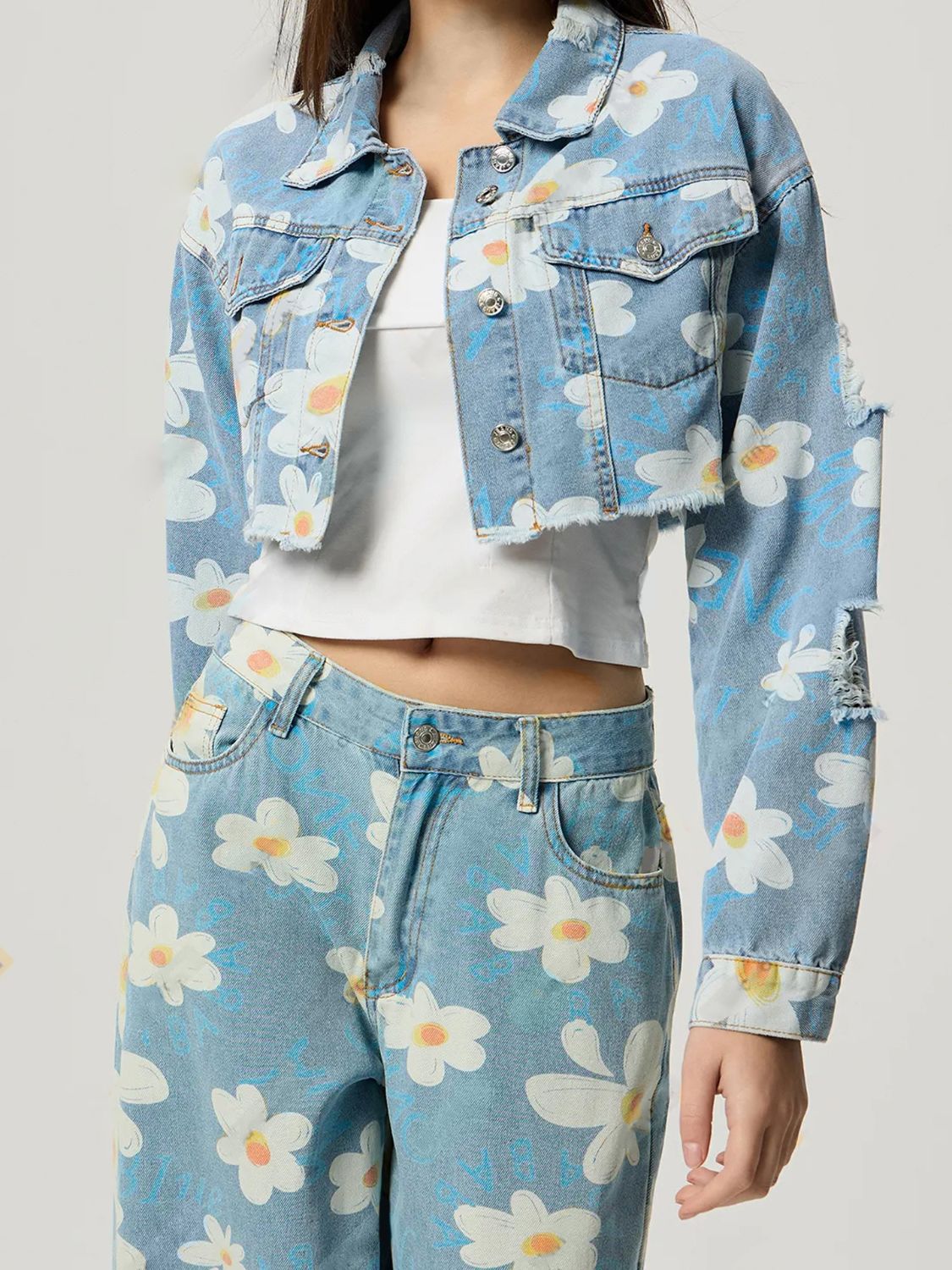 Distressed Hem Floral Denim Jacket - HOORR