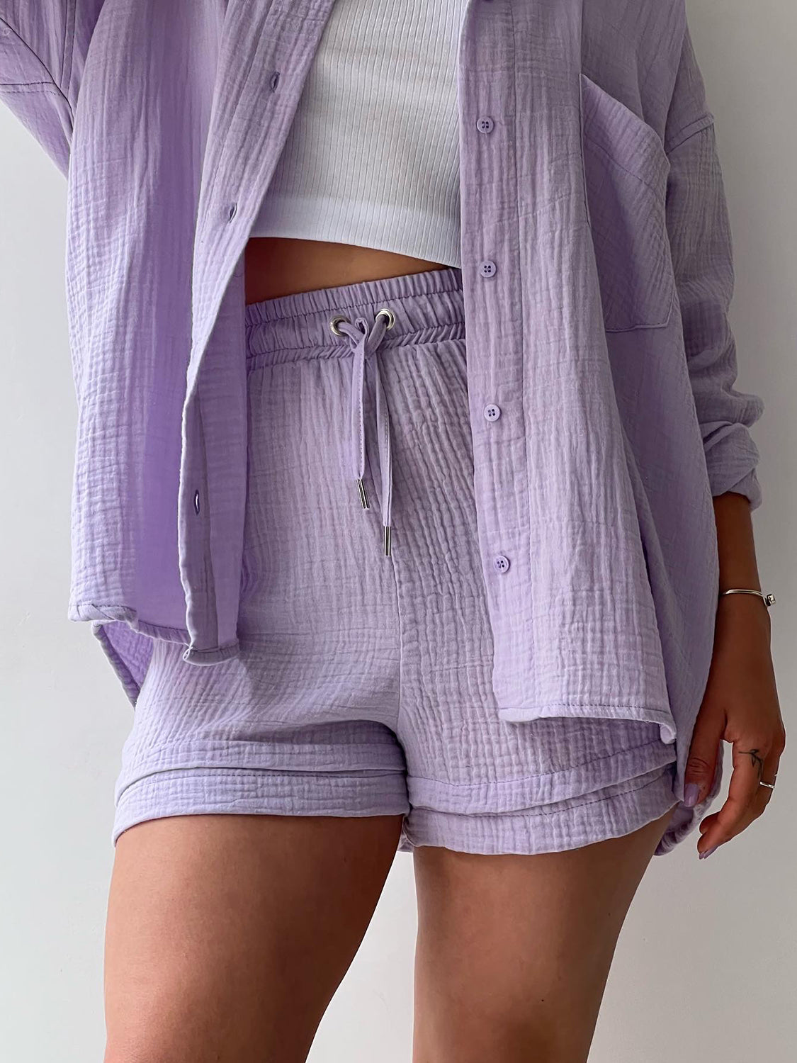 Texture Button Up Shirt Shorts Set - HOORR