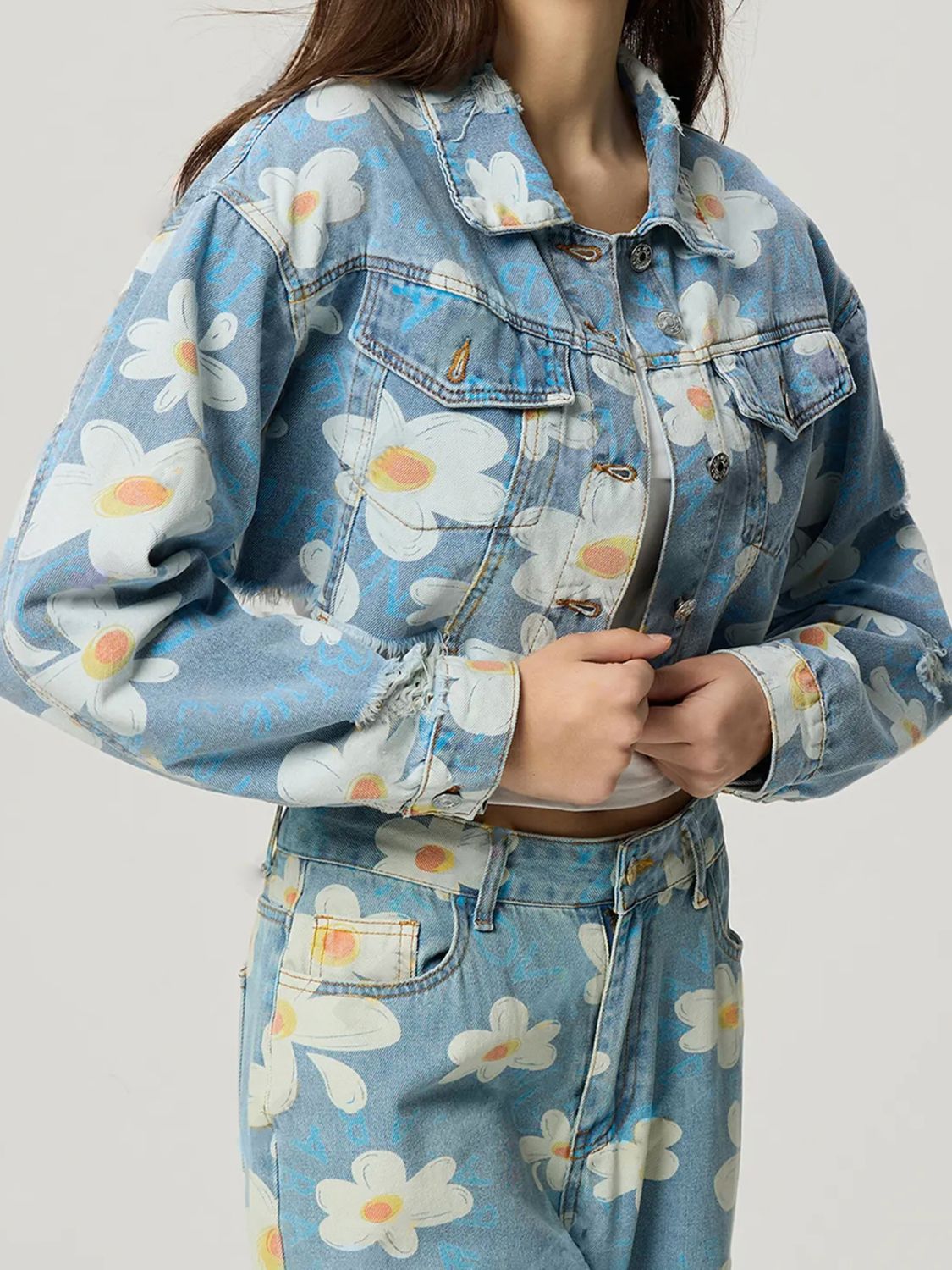 Distressed Hem Floral Denim Jacket - HOORR