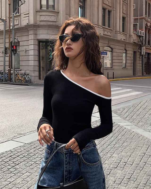 Contrast Trim One Shoulder Top
