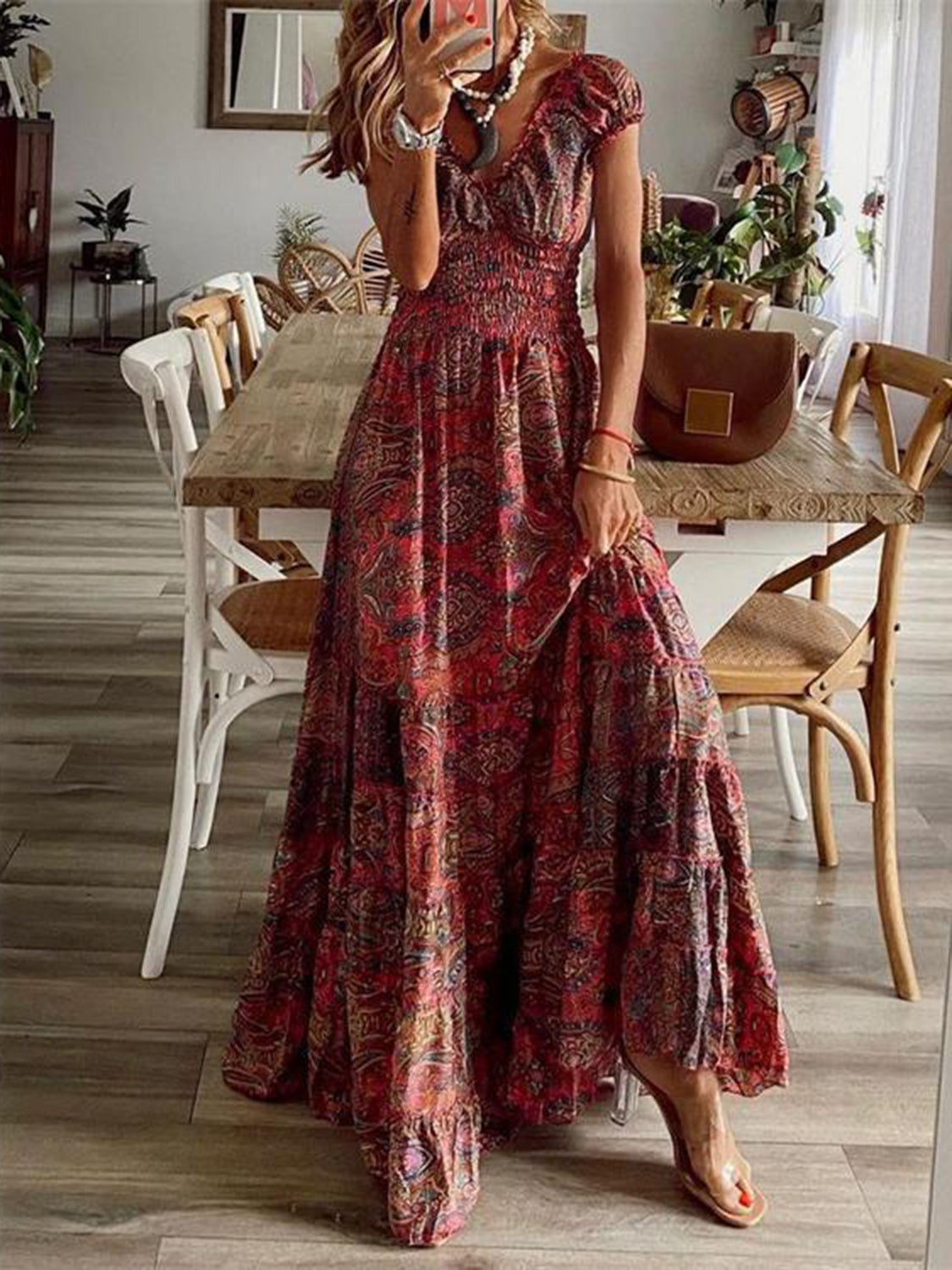 Smocked Printed V-Neck Dress