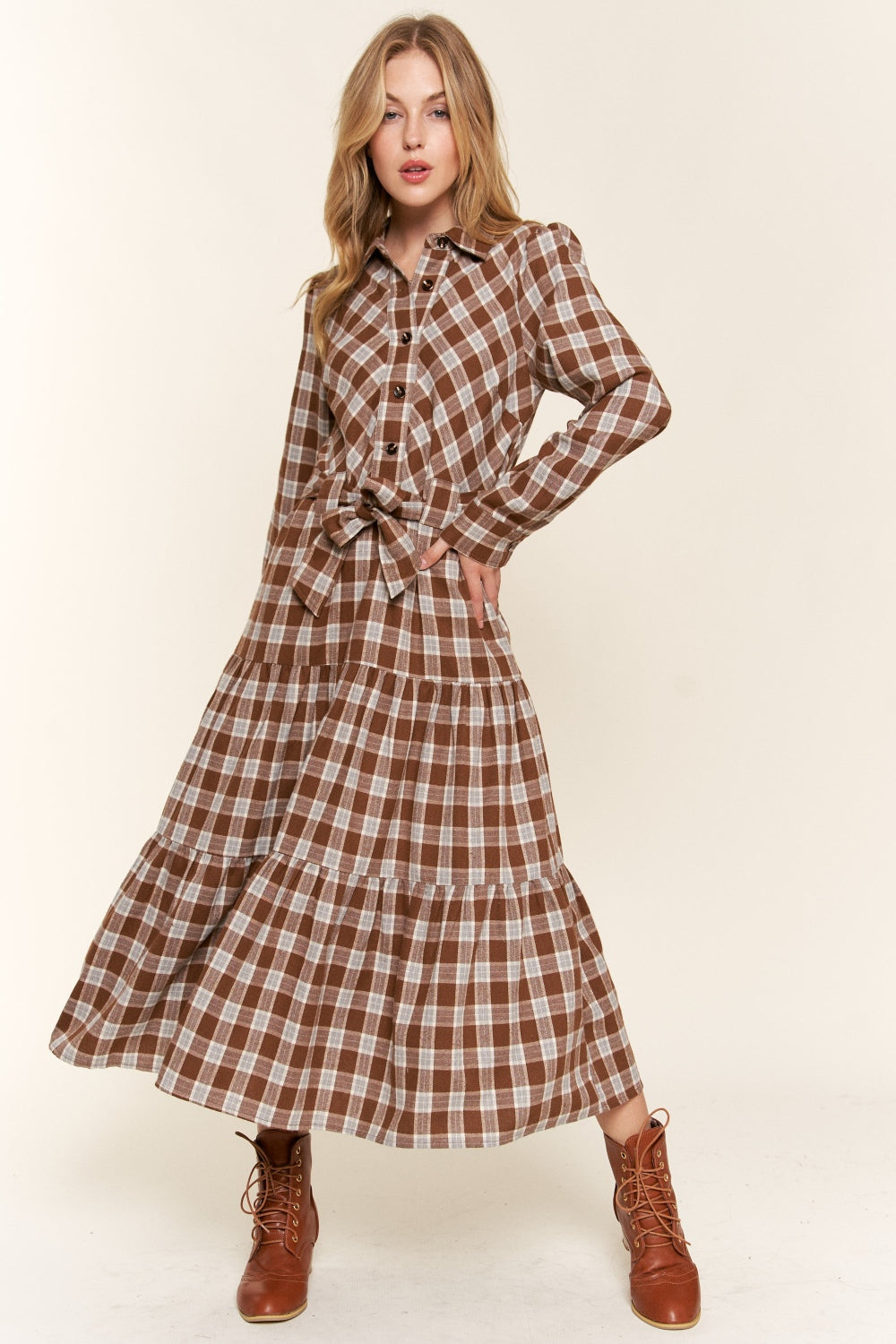 Plaid Tiered Midi Shirt Dress - HOORR