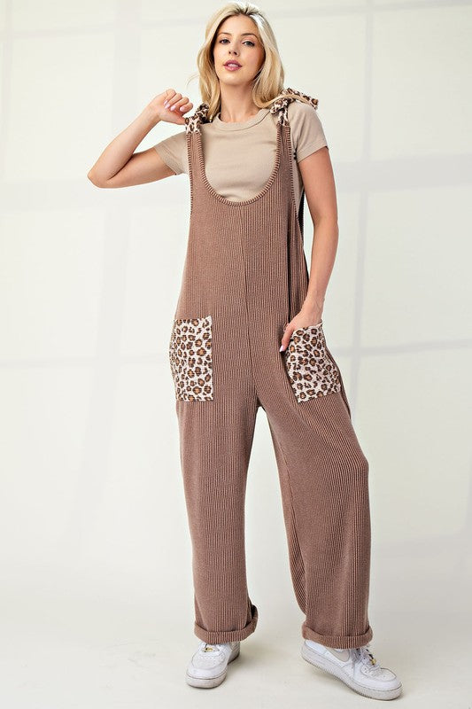 Ribbed Leopard Tied Overalls