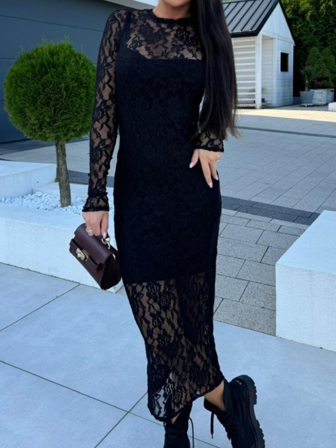 Lace Round Neck Midi Dress